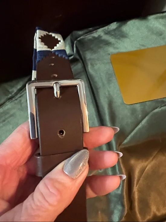 Woven Geometric Belt in Navy, Cream & Brown - Picture 5 of 5